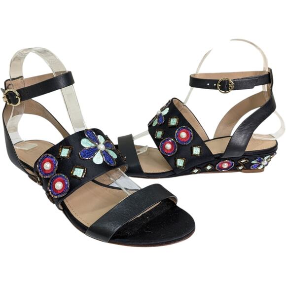 Tory Burch Estella Sandals 7.5 Crystal Embellished Leather Wedge  Ankle Strap - Picture 1 of 15